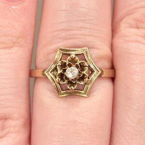 Antique 10K Diamond Flower Ring: Edwardian Style Belcher Filigree Size 6